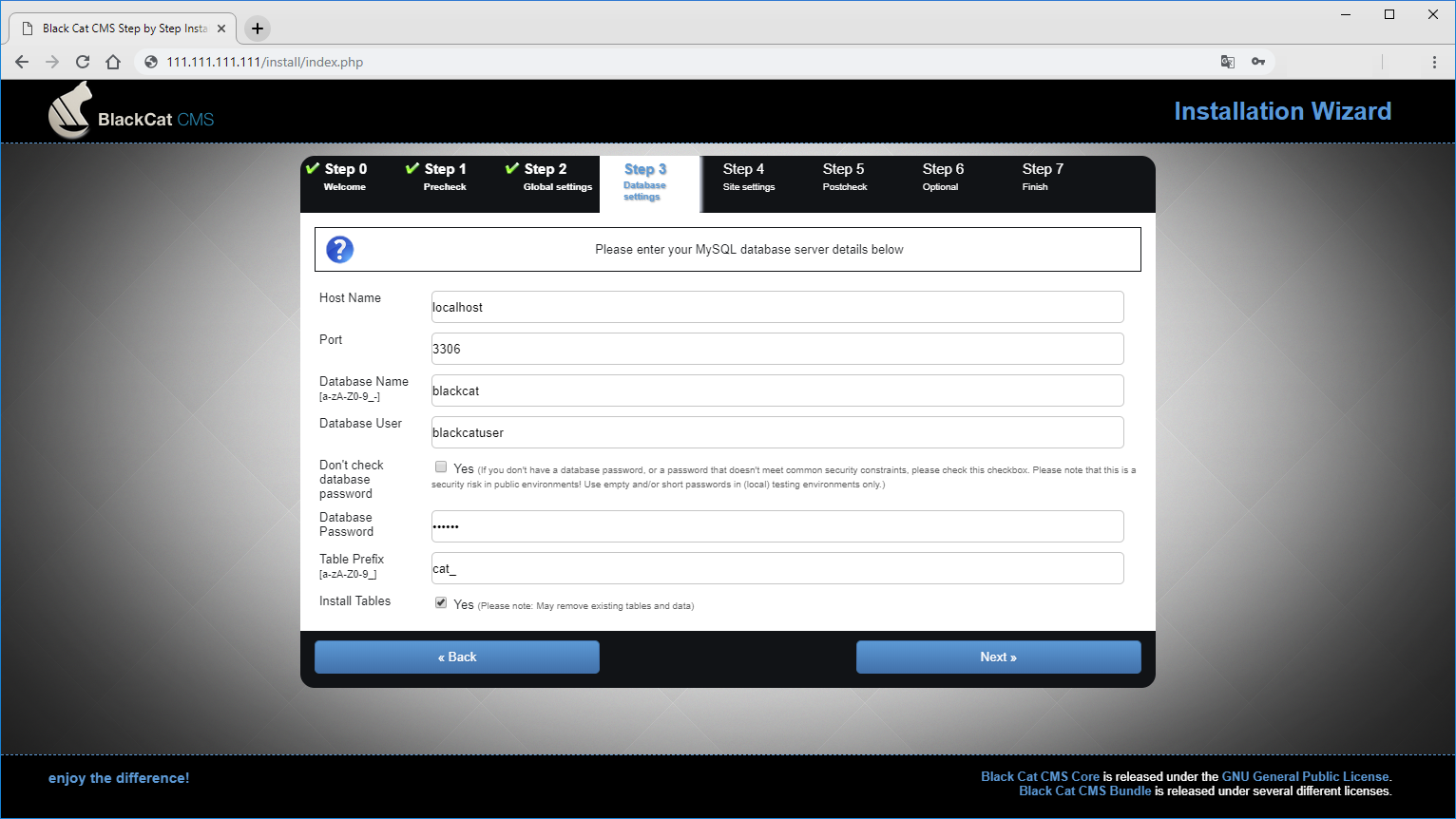 Database Setting Black Cat CMS