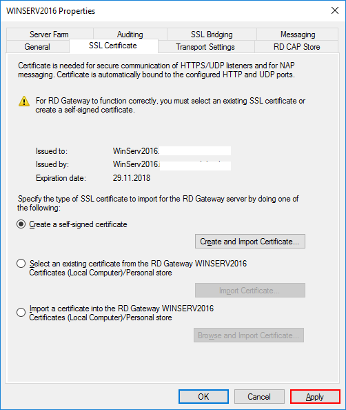 Вкладка SSL Certificate