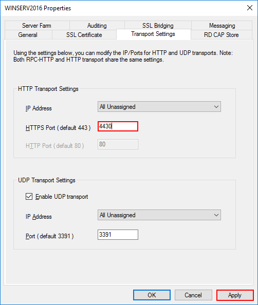 Вкладка Transport Settings