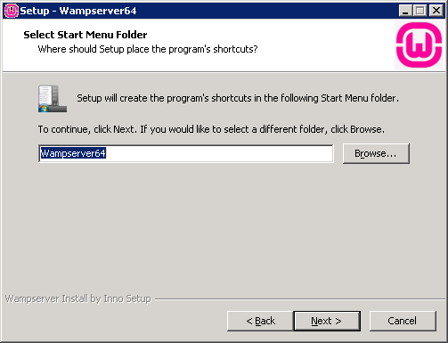 setup wampserver select start menu folder
